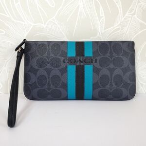 Coach Large Leather Wristlet Varsity Stripe Signature Print Bag Black Denim Blue